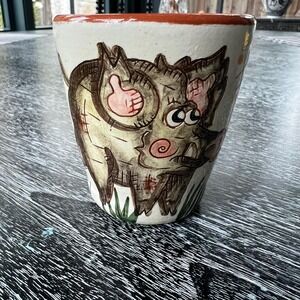 Handpainted and‎ signed Pig and Dragonfly Votive / Cup